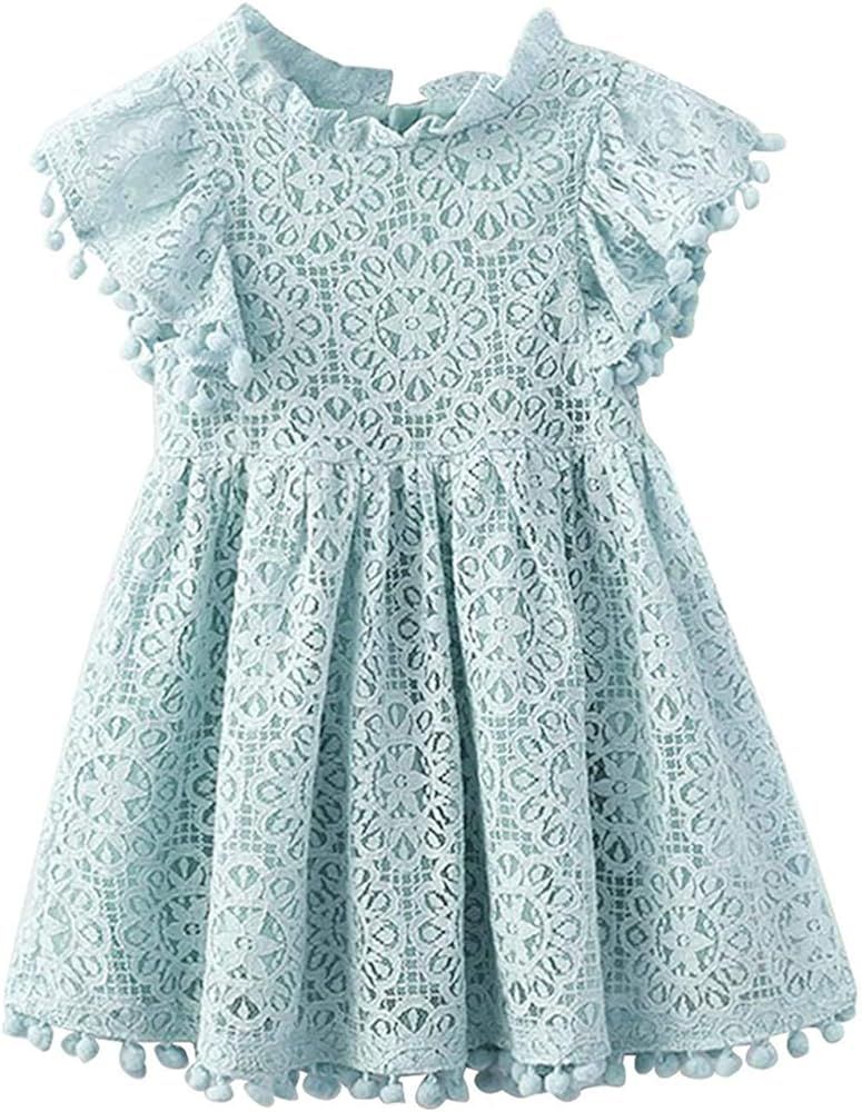 Girl Vintage Lace Pom Pom Trim Birthday Party Flower Girl Dress | Amazon (US)