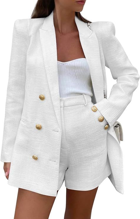 Cicy Bell Womens 2 Piece Tweed Blazer Shorts Sets Long Sleeve Double Breasted Suit Jackets Busine... | Amazon (US)