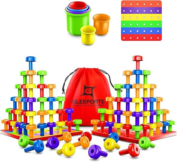 Stacking Peg Board Set Toy | JUMBO PACK | 60 Pegs & Board + FREE Stacking Cups + FREE Colorful Bo... | Amazon (US)