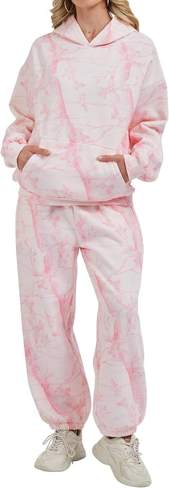 Camo Sweatsuits for Women Set 2 Piece Camo Hoodies Maple Leaf Print Oversized Sweatshirt Lounge Sets Fall Outfits | Amazon (US)