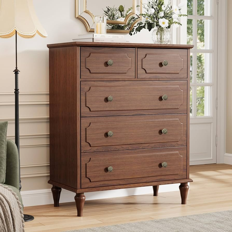 Brown Dresser for Bedroom with 5 Drawers, Vintage Tall Dresser with Smooth Slides, Modern Wood Ch... | Amazon (US)