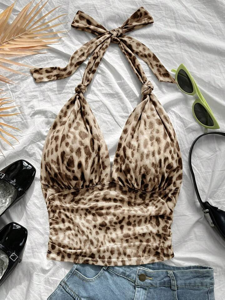 Soleia Damen Strick-Mesh Leoparden Muster Träger V-Ausschnitt Schleife Gerafftes Romantisches Trägershirt, Geeignet Für Date, Valentinstag, Sexy, Party, Strand, Kreuzfahrt, Ostern, Karneval, Nachmittagstee | SHEIN
