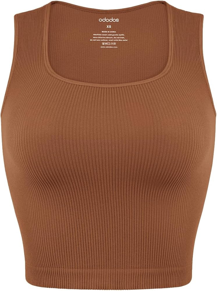 ODODOS Seamless Square Neck Tank for Women Ribbed Soft Sleeveless Longline Crop Tops | Amazon (US)