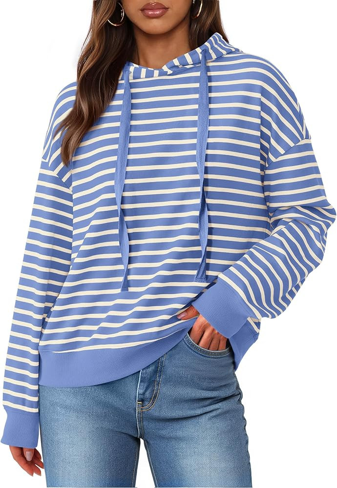 KIRUNDO Womens Hoodies Long Sleeve Striped Drawstring Sweatshirt Loose Fit Hooded Pullover Tops F... | Amazon (US)