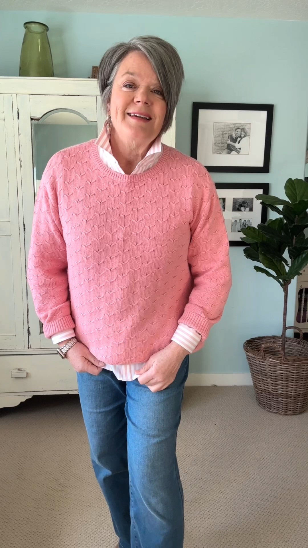 So excited to share this new Love Notes collection from @coldwatercreek perfect for spring! Pink and white striped all cotton no iron blouse, wavelength sweater, creek comfort straight leg jeans. I am wearing a size 12 in blouse and jeans and large in the sweater. The leather bag is Los Feliz Leather Hobo by The Sak. I am linking everything in my LTK SHOP for easy shopping for you 🥰 #coldwatercreek @shop.ltk #liketkit #ad 

#LTKMidsize #LTKValentine