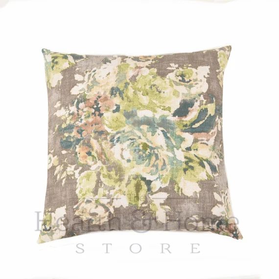 Gray Farmhouse Green Floral Pillow Cover , Cotton Linen Blend, 18 x 18, 20 x 20, Throw Pillow , Farm | Etsy (US)