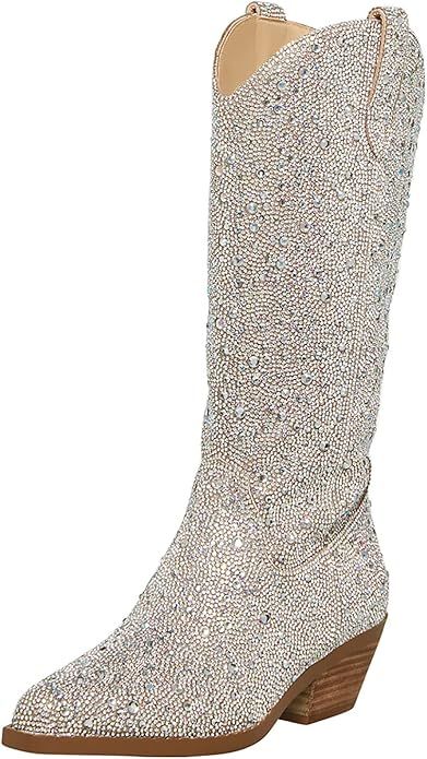 MUCCCUTE Women's Rhinestone Cowboy Boots Pointed Toe Block 5cm Heel Knee High Boots Wide Calf Wed... | Amazon (US)