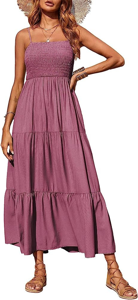 PRETTYGARDEN Women's Summer Maxi Dress Casual Boho Sleeveless Spaghetti Strap Smocked Tiered Long... | Amazon (US)