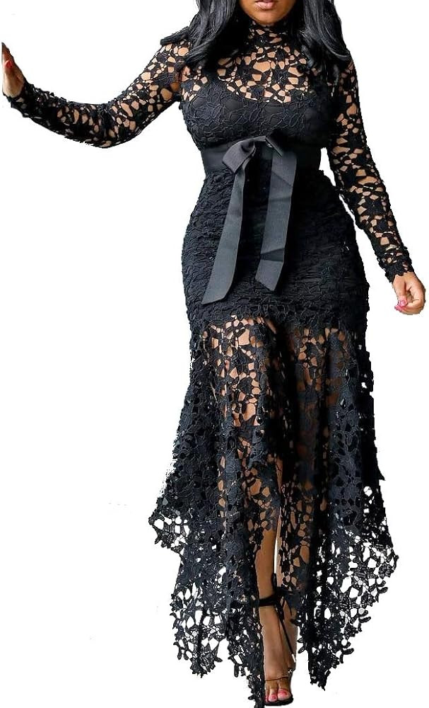 VERWIN Hollow Floor-Length Lace-Up Asymmetrical Women's Maxi Dress Sexy Lace Dress Party Evening ... | Amazon (US)