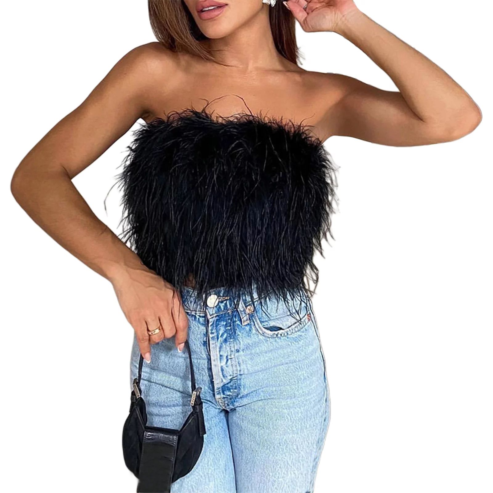 Inevnen Women Rave Festival Feather Crop Tops Faux Fur Strapless Fluffy Tube Top Camisole - Walma... | Walmart (US)