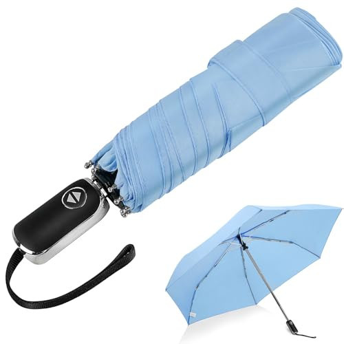 LEAGERA Compact Travel Umbrella Small - Arc 42 Inch, Automatic Mini Umbrella For Purse with Flat Handle Design, Portable & Lightweight Waterproof Mini Umbrella‘s for Light Rain, Sky blue | Amazon (US)