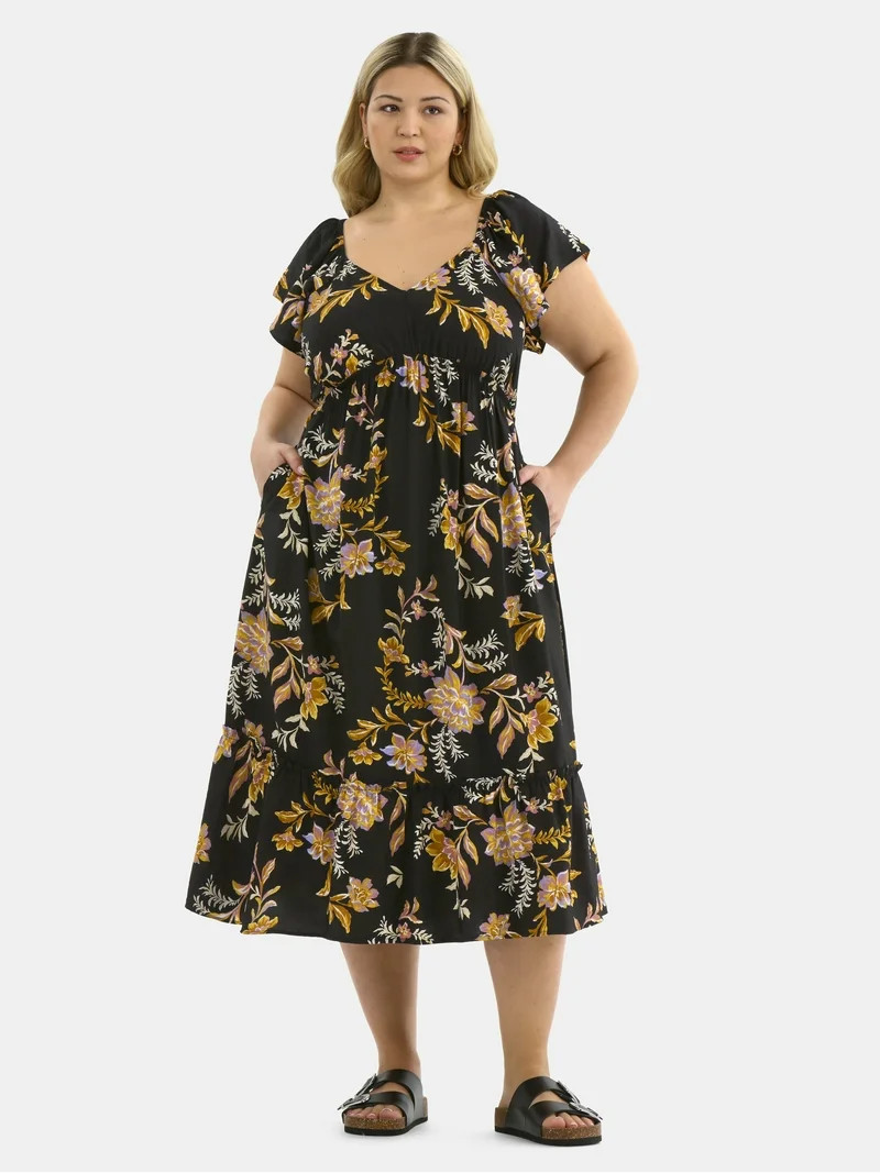 Terra & Sky Women's Plus Flutter Sleeve Midi Tiered Dress, Sizes 0X-5X | Walmart (US)