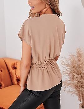 Womens Button Down Blouses Casual Peplum Summer Tops Dressy Chiffon Work Blouse | Amazon (US)