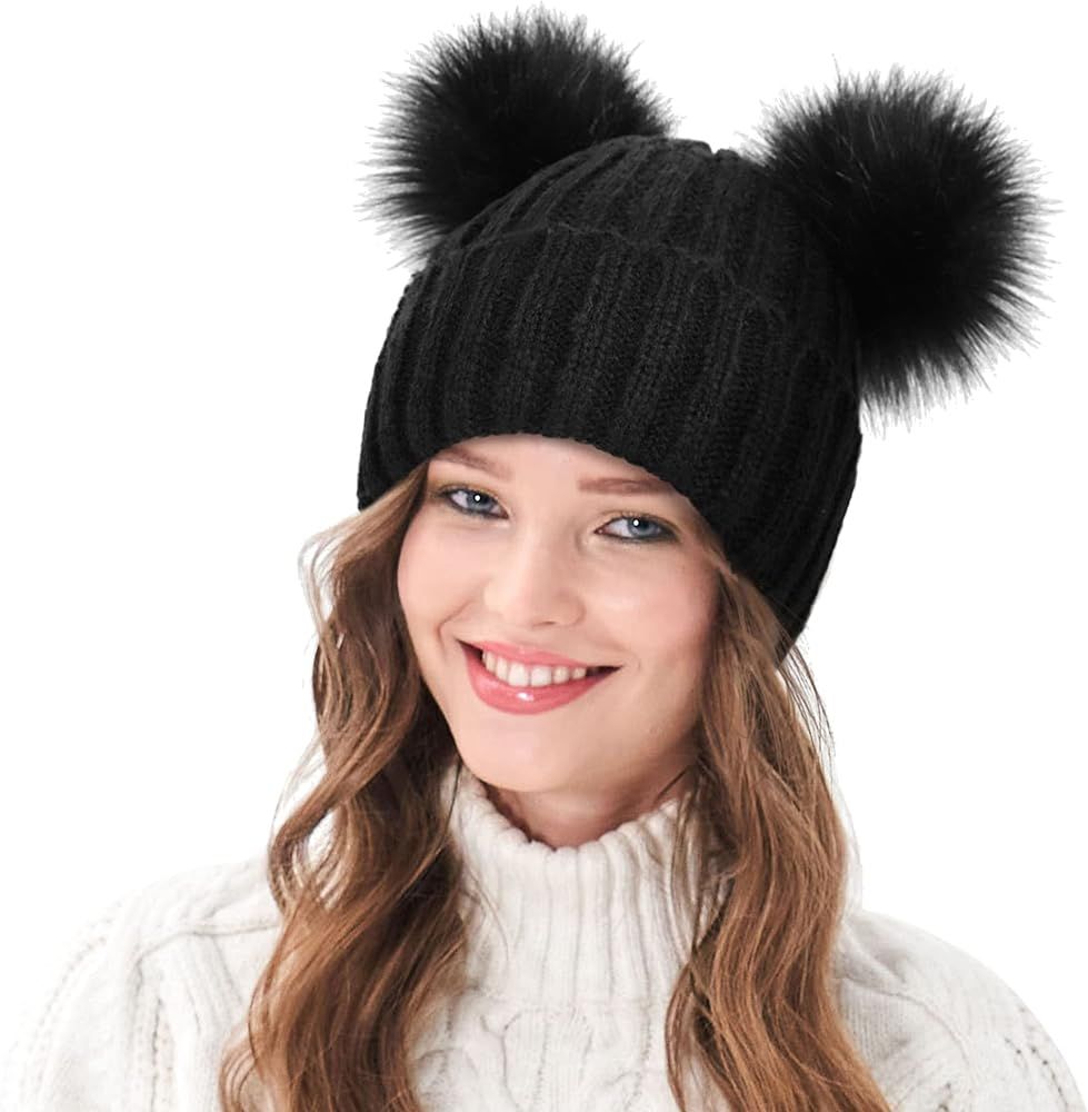 Arctic Paw Womens Winter Hat Cable Knit Beanie for Women Faux Fur Pompom Ears | Amazon (US)