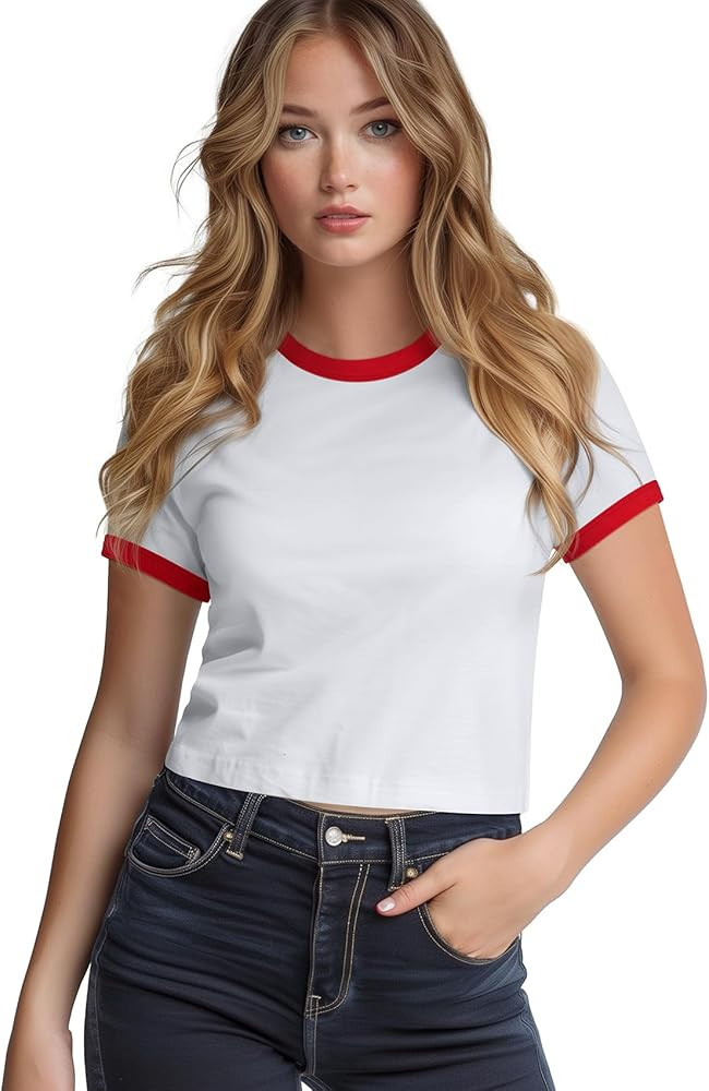 Zengjo Ringer Tee Women Crewneck Short Sleeve Plain Retro T-Shirt Crop Top | Amazon (US)