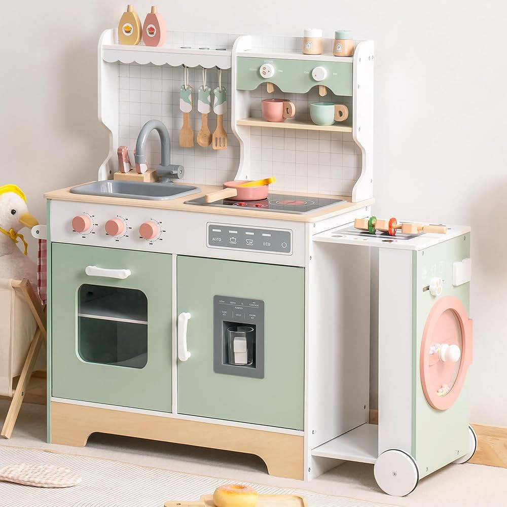 ROBUD Wooden Play Kitchen Set for Kids Toddlers, Pretend Kitchen Playset with BBQ Grill, Ice Make... | Amazon (US)