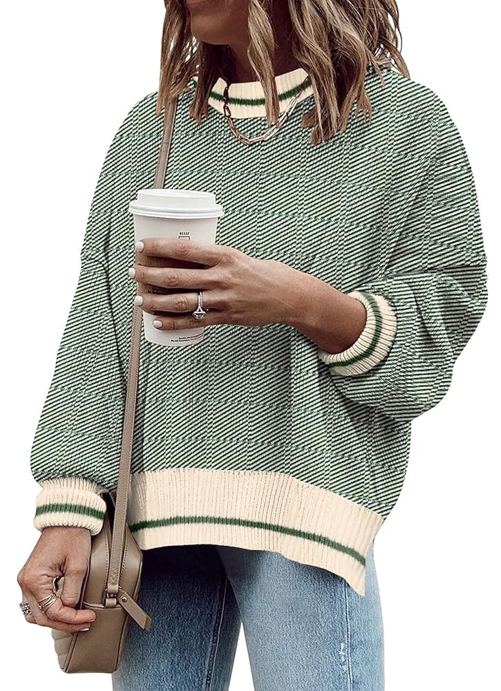 Women's Oversized Crewneck Sweaters Batwing Long Sleeve Side Slit Ribbed Knit Pullover Sweater To... | Amazon (US)