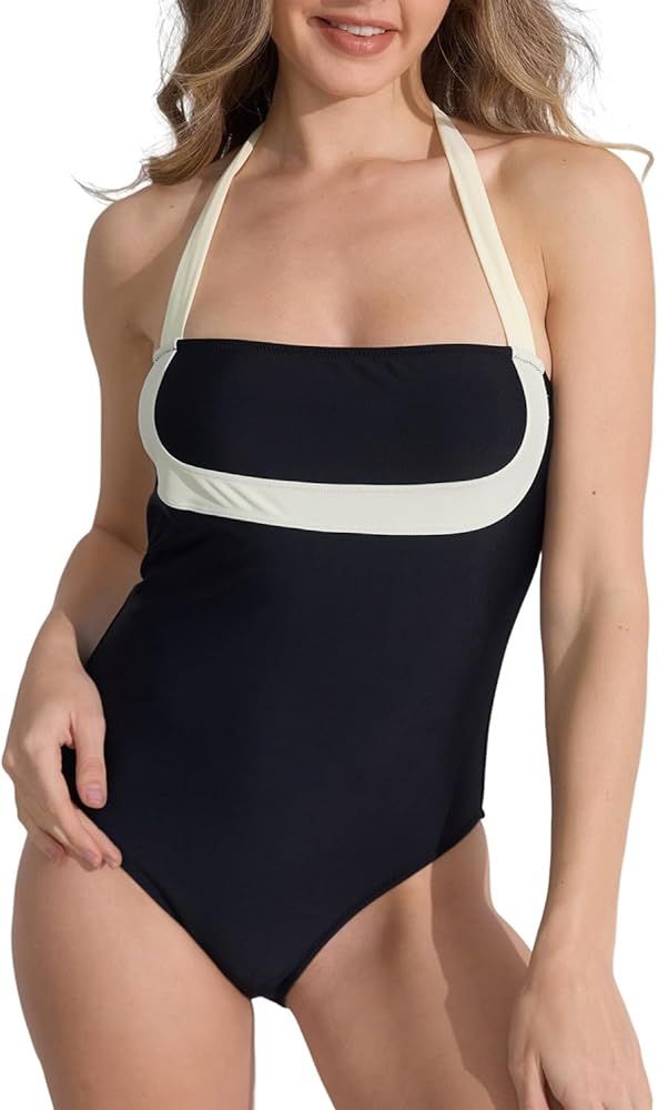 Women's Tummy Control One Piece Beige Hater Strap Swimsuit Color Block Push Up Bathing Suit High ... | Amazon (US)