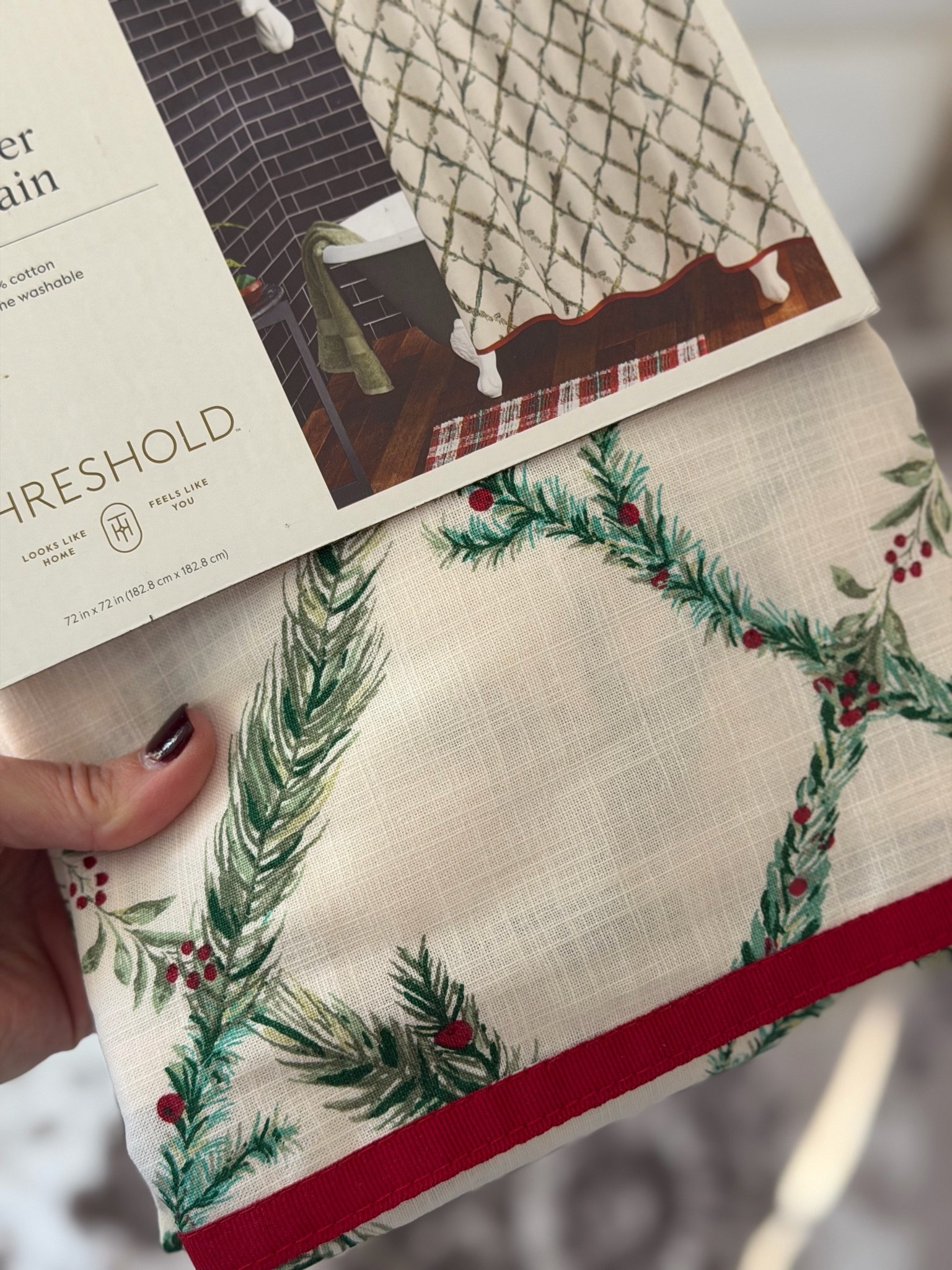 The Christmas shower curtain I’m going to use for a couple of DIY’s. #target #targetambassador