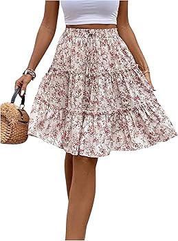WDIRARA Women's Floral Print Ruffle Hem Elastic High Waist Tie Front Skirt | Amazon (US)