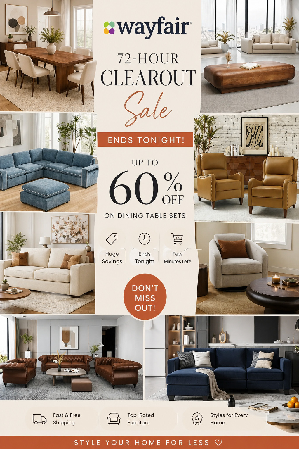 Okay girl… RUN don’t walk because this is literally the last call 😭🔥

The Wayfair 72-Hour Clearout Sale is basically ending in minutes and I’m not okay… like WHY are the prettiest dining table sets up to 60% off right now?! The modern wood finishes, those chic marble tops, the cozy neutral vibes — it’s giving Pinterest dream home on a budget ✨

And don’t even get me started on the living room finds… the SOFAS?? The oversized sectionals?? The boucle accent chairs?? I’m obsessed. Recliners that actually look aesthetic, coffee tables that instantly elevate your space… everything is on sale and it’s all so gorgeous it hurts 💔

If you’ve been thinking about upgrading your space, THIS IS YOUR SIGN. Few minutes left, bestie. Add to cart and thank yourself later 🛒💅

#WayfairSale #WayfairFinds #ClearoutSale #HomeDeals #FurnitureSale #DiningTableSet #ModernDining #DiningRoomInspo #LivingRoomGoals #LivingRoomDecor #SectionalSofa #CozyHomeVibes #NeutralHome #MinimalHome #HomeRefresh #InteriorInspo #HomeAesthetic #SofaGoals #AccentChair #ReclinerChair #CoffeeTableDecor #AffordableLuxury #HomeUpgrade #SaleAlert #DealsOfTheDay #LTKHome #LTKSale #LTKDeals #ViralHomeFinds #ShopNow 

 #LTKSeasonal #LTKHome #LTKSaleAlert