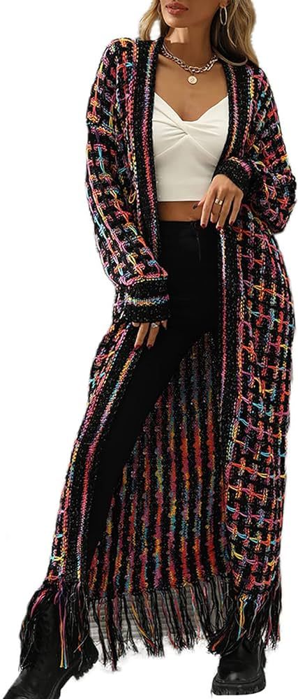 Womens Boho Open Front Long Cardigans Sweater Loose Long Sleeve Tassels Outwear | Amazon (US)