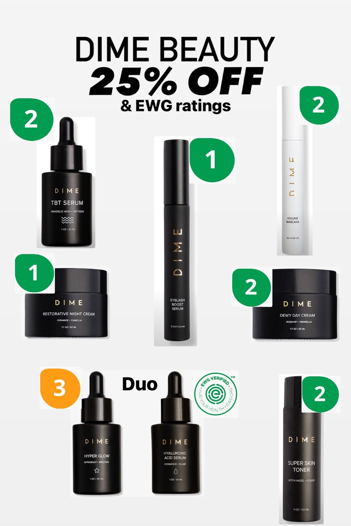 Dime beauty ON SALE?!?! We know this brand hardly ever goes on sale but I found a 25% off sale for some of their most popular products. I’ve included the best EWG rated products here and there health rankings. If you’ve been wanting to try any of these bows the time!! 
#dimebeautysale #dimebeauty #lashboostserum 

#LTKsalealert #LTKbeauty #LTKunder50