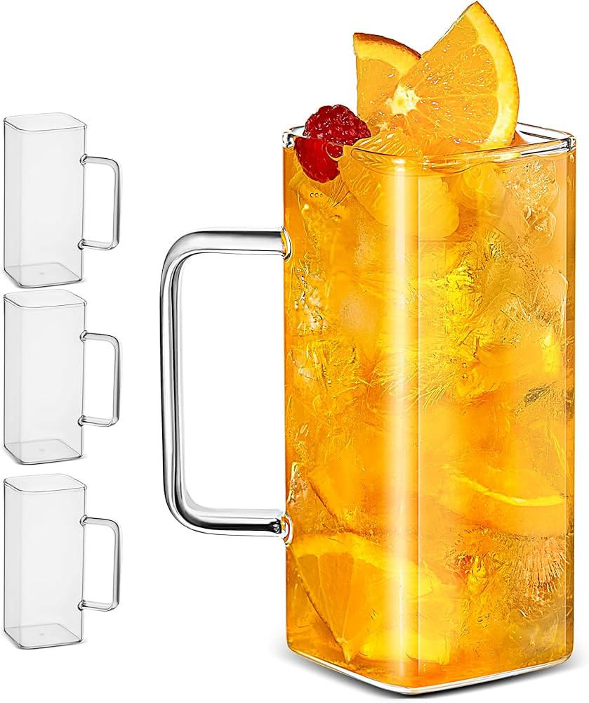 LUXU Drinking Glasses 13 oz With Handle,Set of 4 Thin Square Glasses,Elegant Bar Glassware For Wa... | Amazon (US)