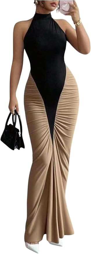 GORGLITTER Women's Halter Maxi Dress Ruched Bodycon Formal Birthday Evening Elegant Wedding Guest... | Amazon (US)