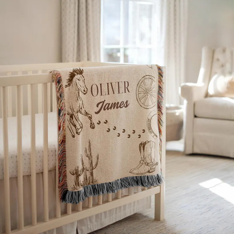 Cowboy Baby Blanket, Western Boys Woven Blanket, Newborn Name Blanket, Western Nursery Decor, Cow... | Etsy (US)
