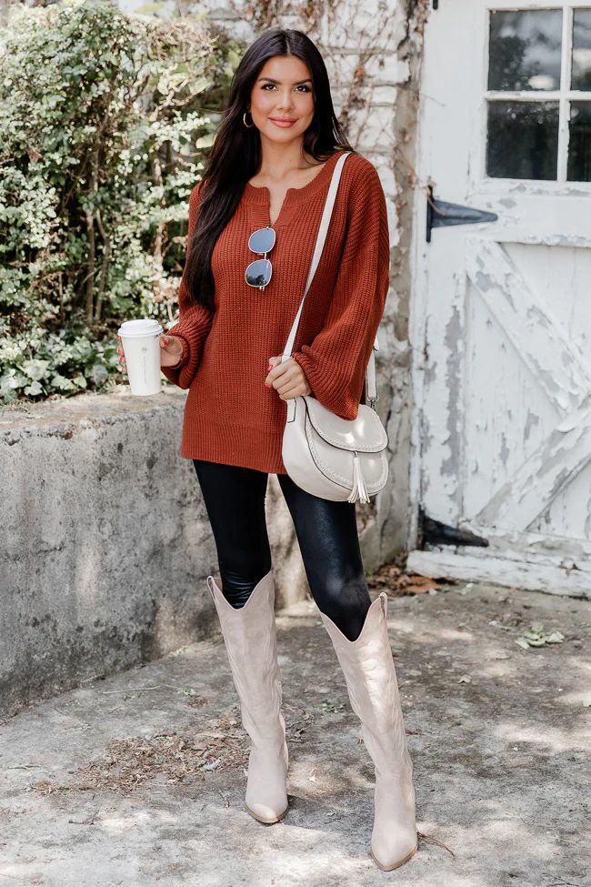 Fill Your Cup Rust Notched Neck Sweater | Pink Lily