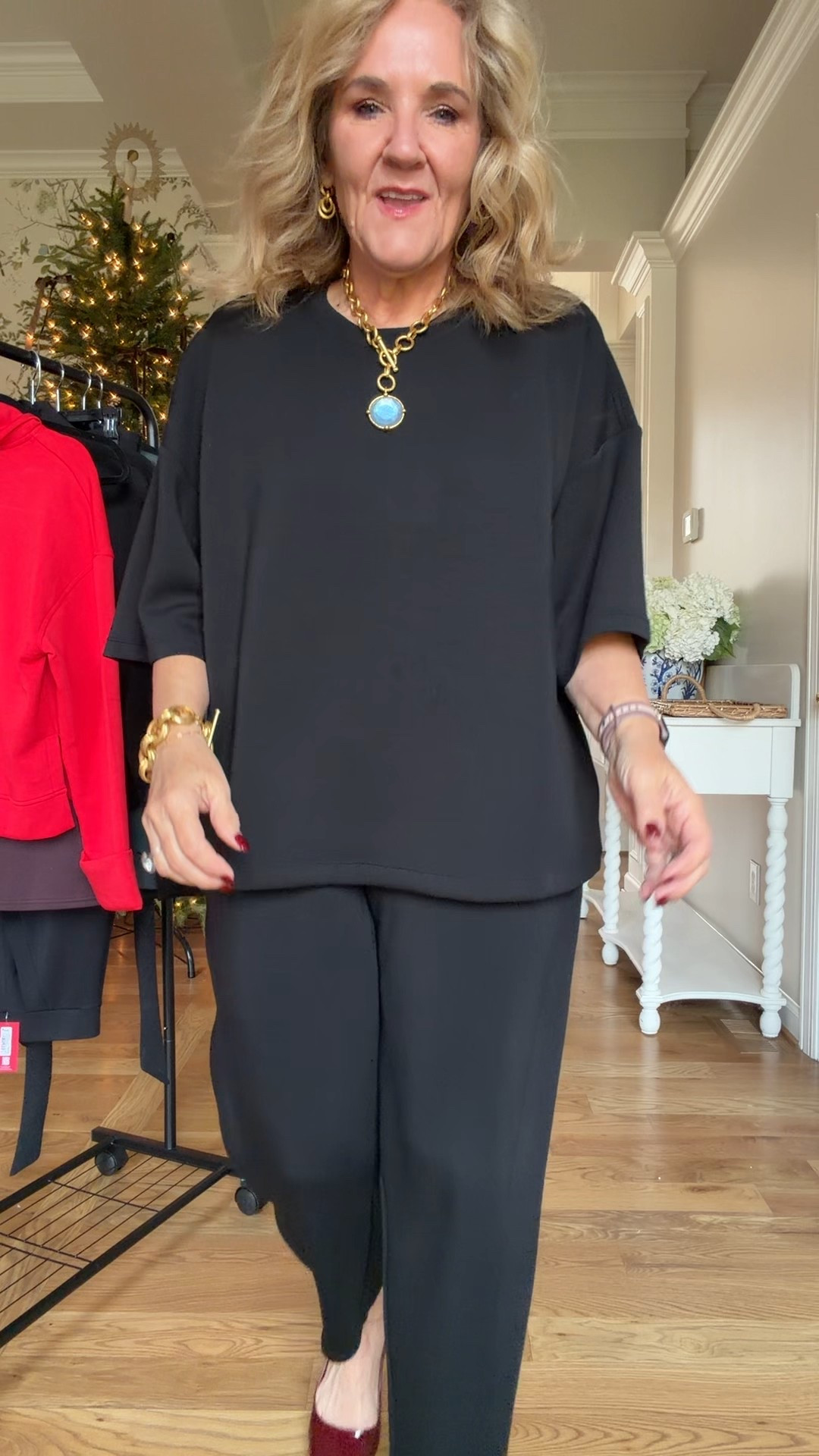 @spanx cyber sale 30% off 
Relaxed tee size medium 
Barrel pants size medium petite 
Merlot sling-backs size up 1/2
Julie Vos has done great pieces on sale right now. This is the large honeybee necklace.




#LTKCyberWeek #LTKPetite #LTKOver40