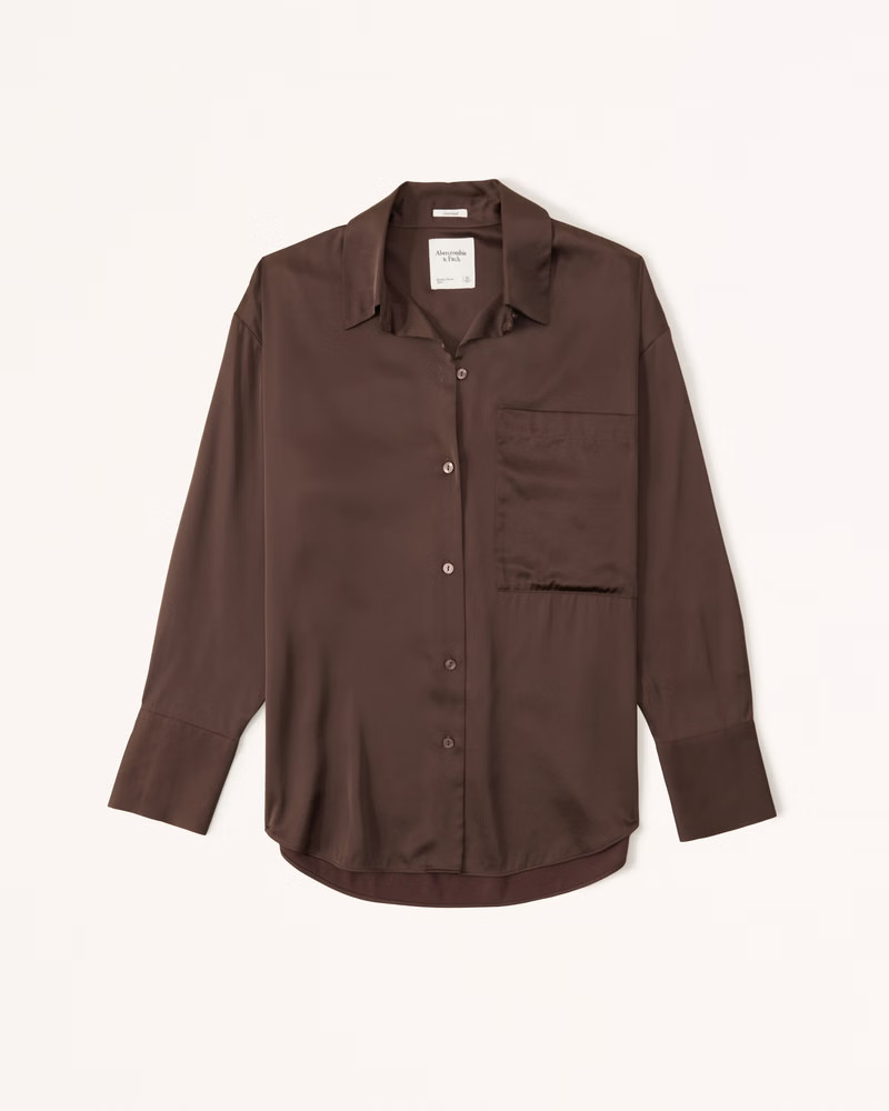 Women's Long-Sleeve Oversized Satin Button-Up Shirt | Women's Tops | Abercrombie.com | Abercrombie & Fitch (US)