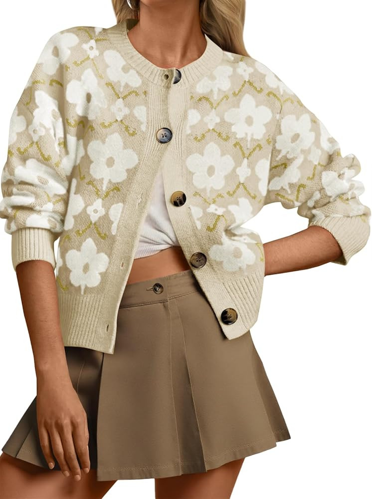 Saodimallsu Womens Floral Cardigan Sweaters Long Sleeve Open Front Button Down Knit Retro Sweater... | Amazon (US)