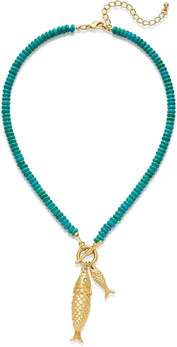 Gold Fish Necklace For Women Blued Beaded Strand Toggle Necklace With Gold Fish Pendants Dainty S... | Amazon (US)