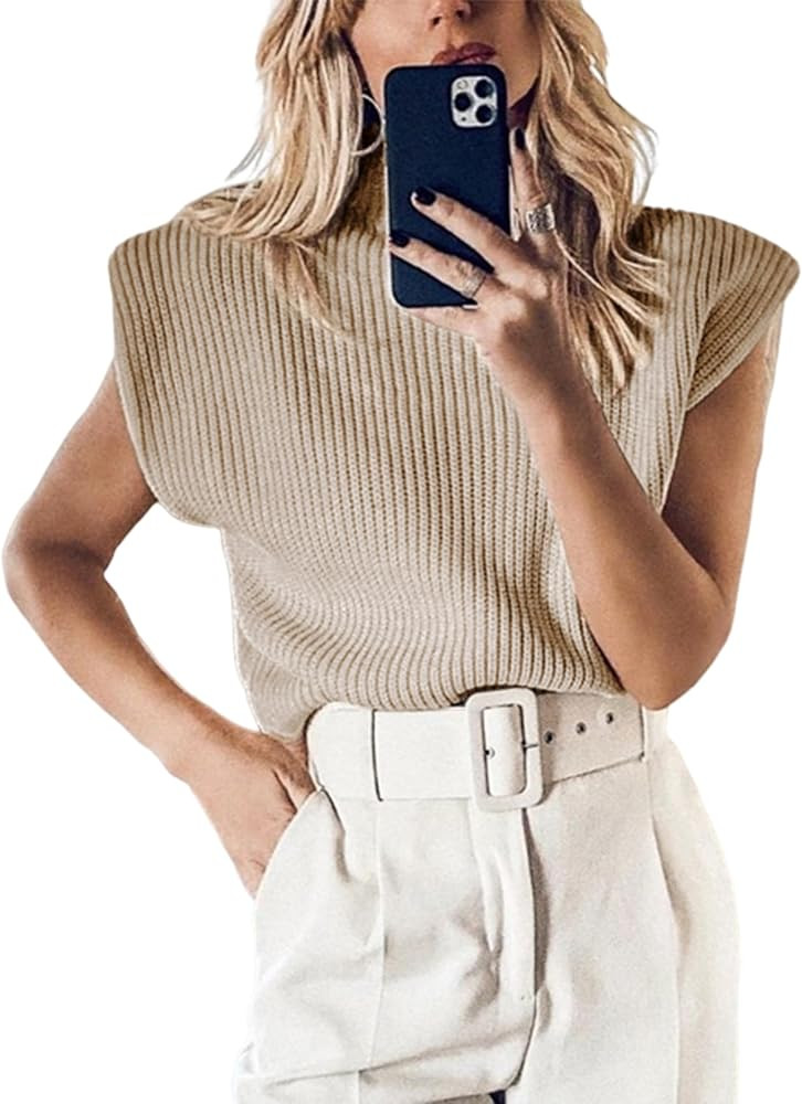 Hooever Women's Turtleneck Sleeveless Knitted Tank Tops Shoulder Pads Sweater Vest | Amazon (US)