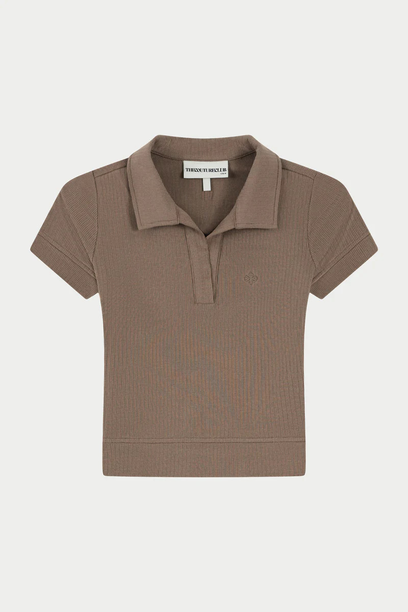 RIBBED SHORT SLEEVE POLO TOP - BROWN | The Couture Club