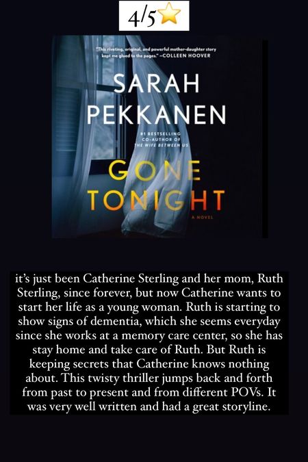 50. Gone Tonight by Sarah Pekkanen :: 4/5⭐️ it’s just been Catherine Sterling and her mom, Ruth Sterling, since forever, but now Catherine wants to start her life as a young woman. Ruth is starting to show signs of dementia, which she seems everyday since she works at a memory care center, so she has stay home and take care of Ruth. But Ruth is keeping secrets that Catherine knows nothing about. This twisty thriller jumps back and forth from past to present and from different POVs. It was very well written and had a great storyline. 

#LTKtravel #LTKhome
