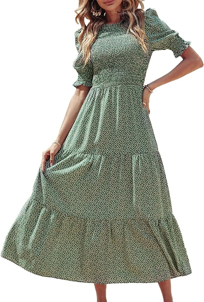 BTFBM Women Casual Summer Dresses 2025 Spring Crew Neck Ruffle Short Sleeve Floral Print Smocked ... | Amazon (US)