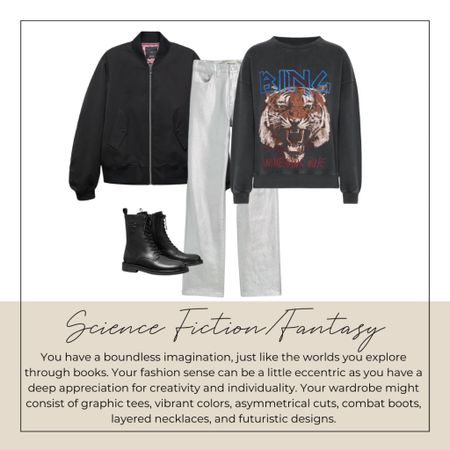 Love science fiction? This looks matches your love of creativity and unknown things either combat boots, metallic coated leather inspired pants, a graphic sweatshirt, and a bomber jacket 

#LTKstyletip