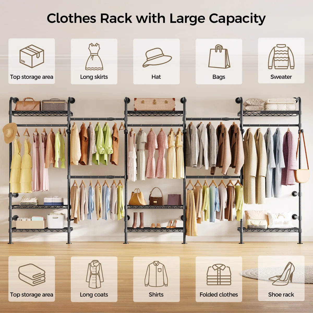 Closet Organizers and Storage, 5-Row Heavy Duty Clothes Rack for Hanging Clothes, Wall Mounted Cl... | Wayfair North America