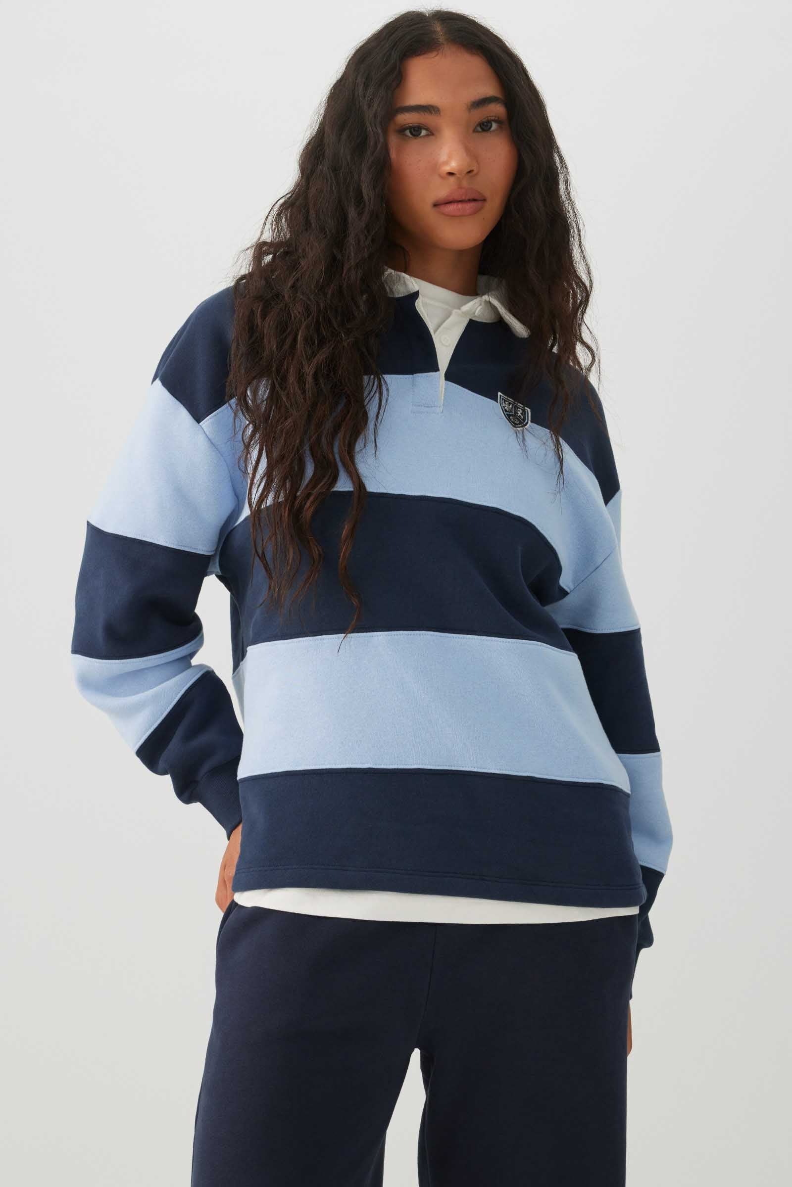 Striped MADESOFT\u2122 Fleece Polo Sweatshirt Dark Blue | Ardene Canada | Ardene US
