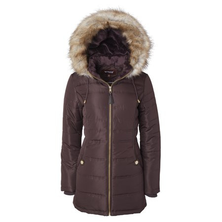 Women s Long Down Alternative Puffer Coat Detachable Plush Lined Fur Trim Hood - Brown (1X) | Walmart (US)