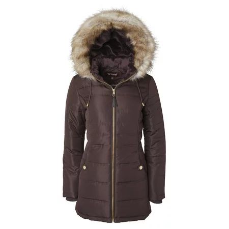 Women s Long Down Alternative Puffer Coat Detachable Plush Lined Fur Trim Hood - Brown (1X) | Walmart (US)