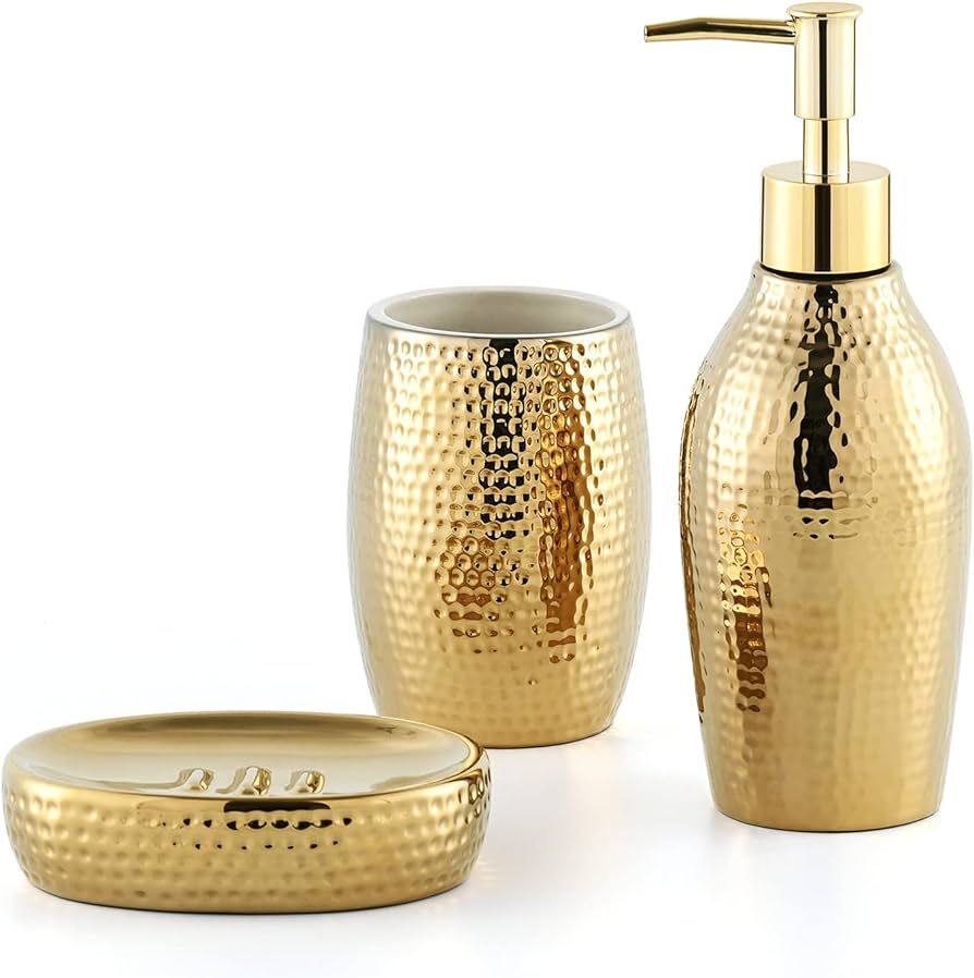 Gold Bathroom Accessory Set - 3 Piece Decorative Ceramic Bathroom Accessories Sets with Lotion So... | Amazon (US)