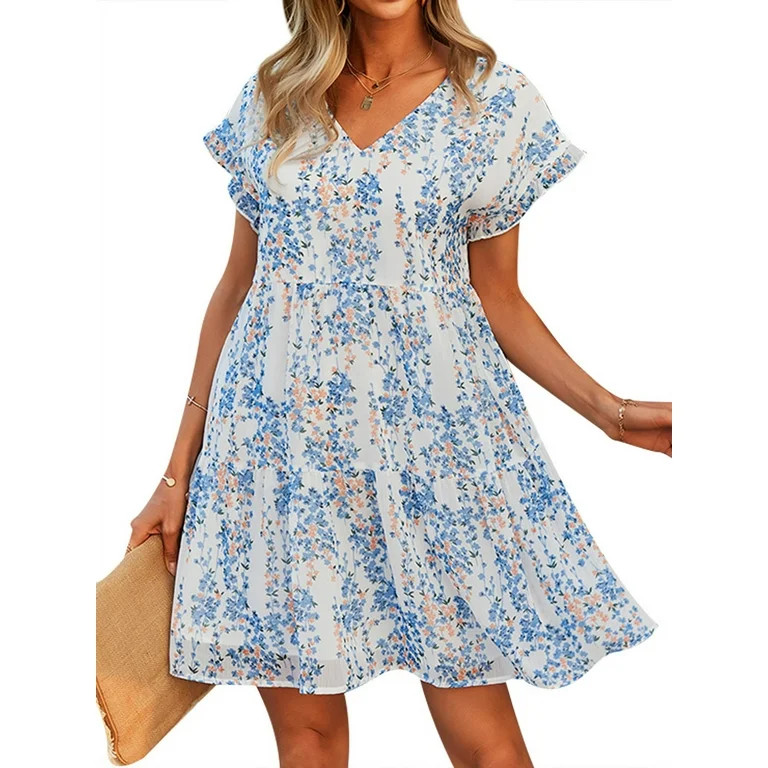 ZXZY Women Floral Printed Ruffled Sleeves V Neck Babydoll Mini Dress | Walmart (US)