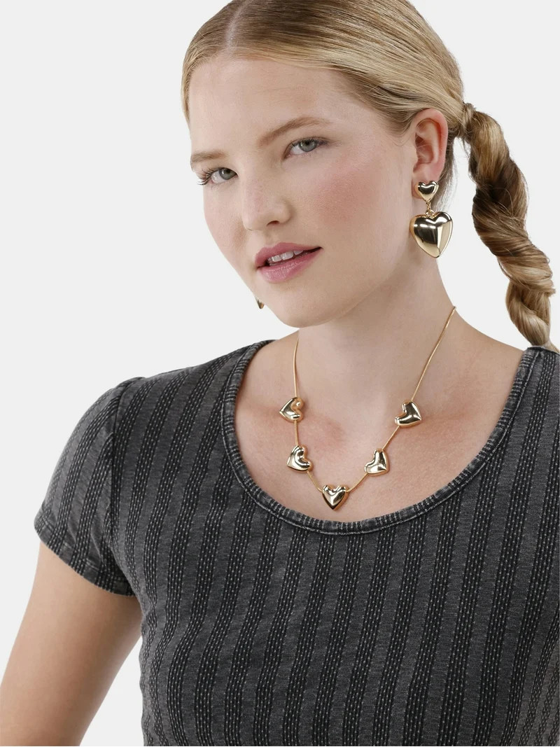 No Boundaries Gold-Tone Bubble Heart Station Necklace, Women\u2019s | Walmart (US)