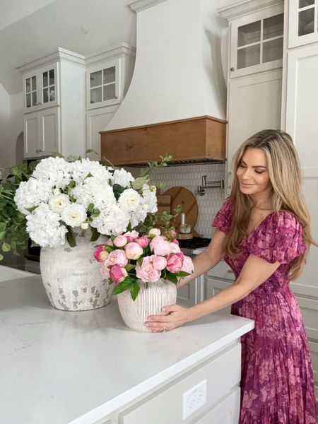 The large arrangement has 9 hydrangea stems (they are sold as a set of 3), 5 ranunculus stems, and 5 greenery stems (3 from Amazon, 2 from Walmart).

The small arrangement has one bundle of dark pink peony buds, one bundle of pink peony buds and 6 Amazon pink peony stems. 

#LTKSeasonal #LTKhome