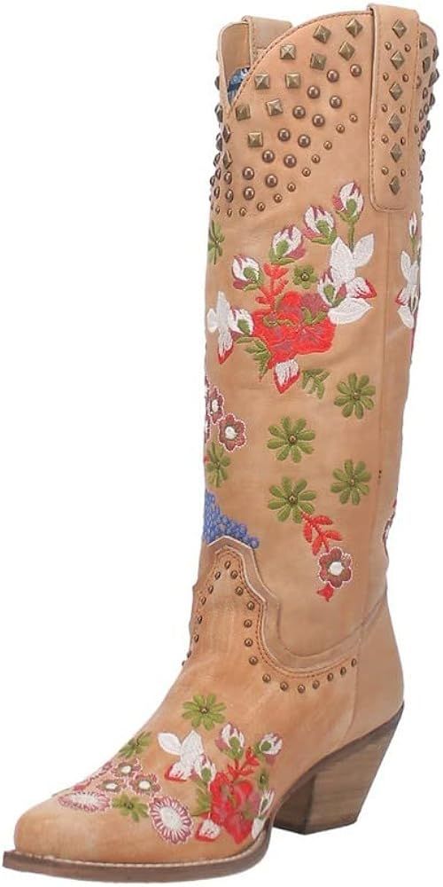 Dingo Womens Poppy Floral Snip Toe Boots Knee High Low Heel 1-2" - White | Amazon (US)