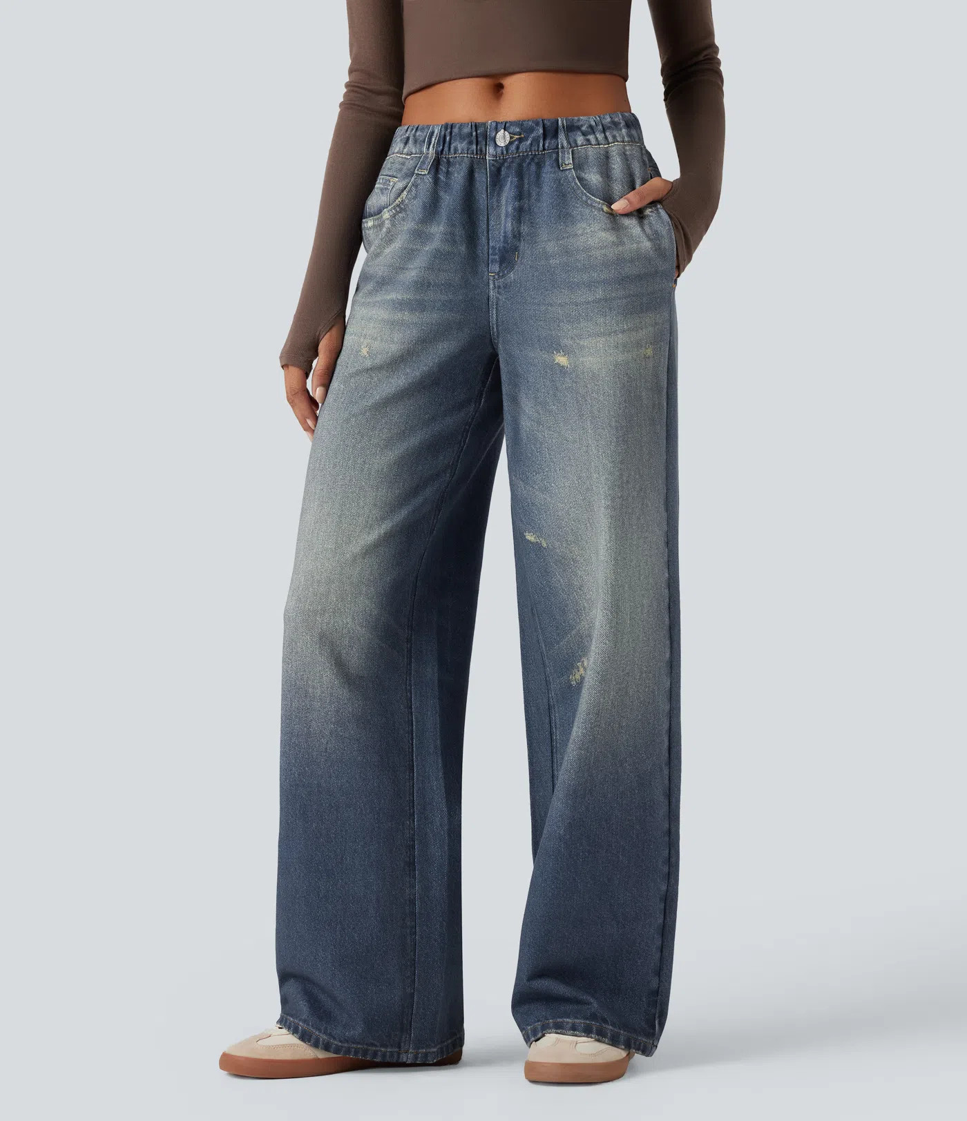 Women’s Mid Rise Denim Print French Terry Casual Sweatpants Jeans with Pockets - Halara | HALARA